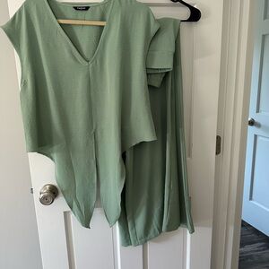a'gaci Sage Green V-Neck blouse & pants set